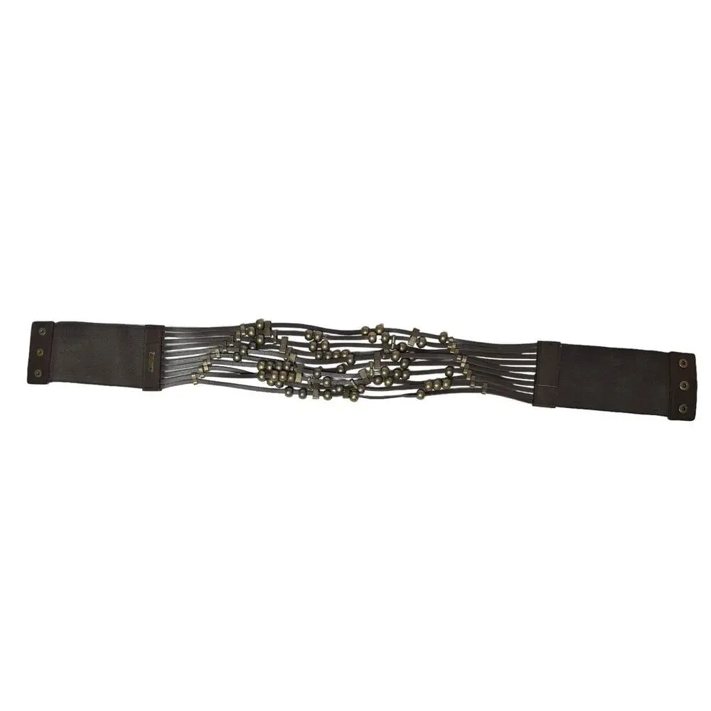 Vintage ANGIE Wide Brown Beaded Faux Leather Elastic Stretch Snap Closure‎ Belt